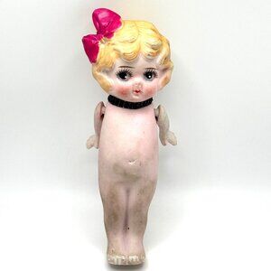 Bisque Vtg Porcelain Doll Pink Bow & Painted Face Made In Japan 6 Inches